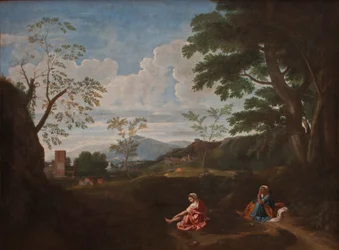 Landschaft mit einer Frau, die die Füße wäscht